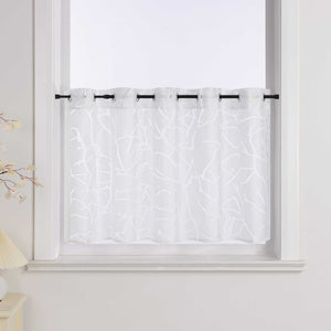 Cafe Curtain with Line Pattern and Branch Motif 1 Piece - White, H x W 30 x 90cm