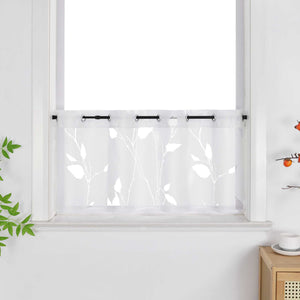 Cafe Curtain Semi-Sheer Leaf Pattern with Grommet Hanging - White, H x W 30 x 90cm
