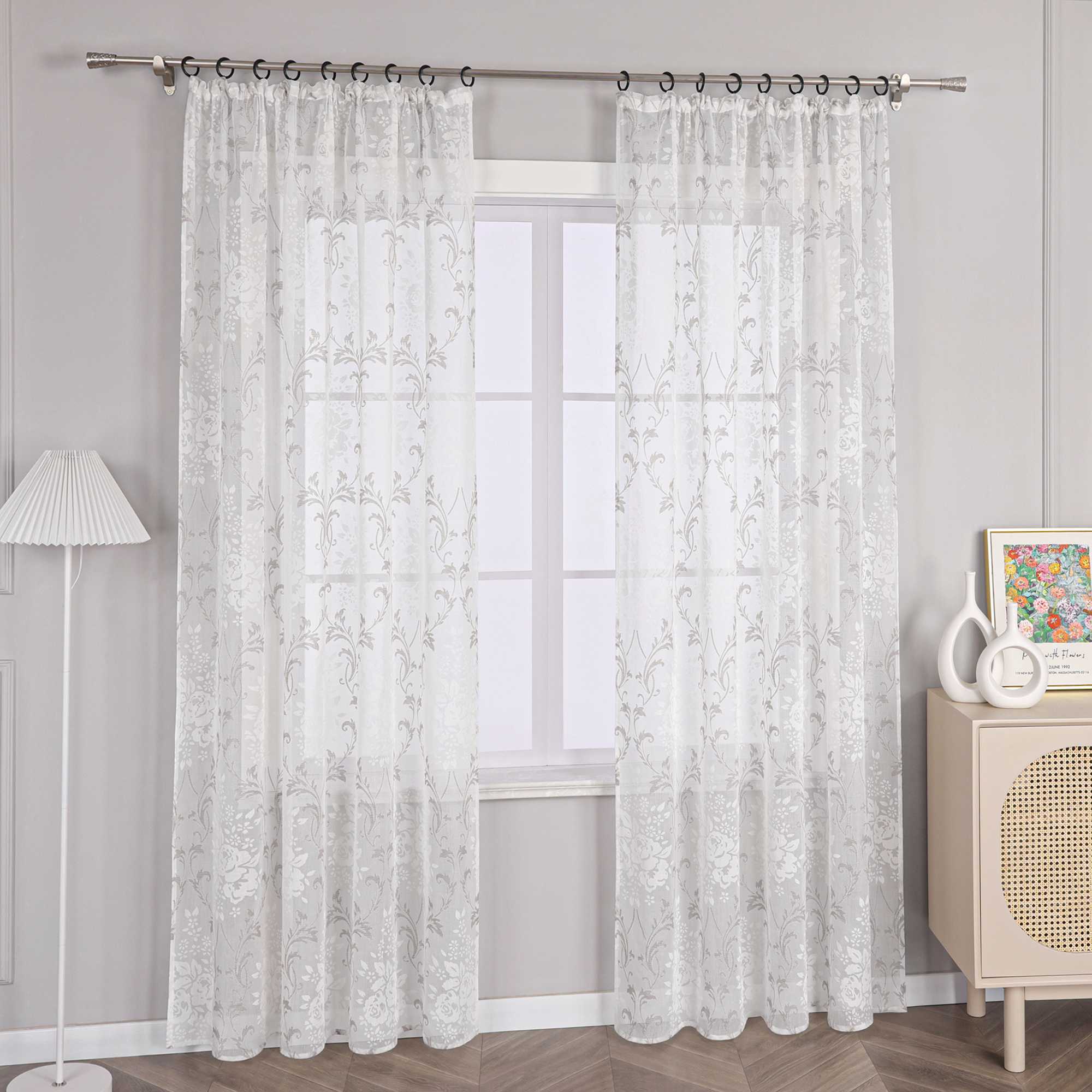 Curtain with Floral Pattern, Solid Color Lightweight Semi-Sheer - Blue, H x W 175 x 140cm