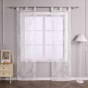 Sliding Panel Curtains with Tab Tops Set of 2 Burnout Fabric with Ginger-Leaf Pattern - White, H x W 145 x 57 cm