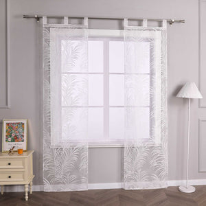 Sliding Panel Curtains with Tab Tops Set of 2 Burnout Fabric with Ginger-Leaf Pattern - White, H x W 175 x 57 cm