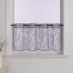 Grommet Cafe Curtain with Branch Pattern Short Curtain 1 Piece - White, H x W 30 x 90cm