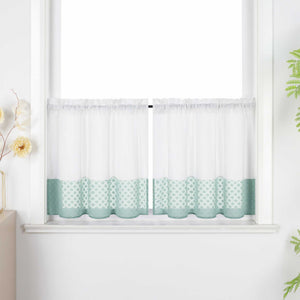 Cafe Curtain in Patchwork Style with Clover Pattern, 2 Pieces, with Rod-Pocket Design - Green, H x W 60 x 145cm