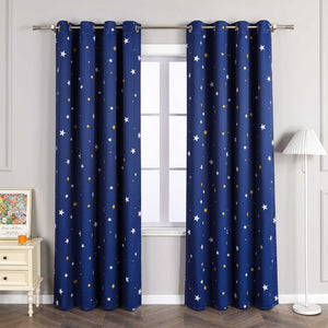 Blackout Grommet Curtain Opaque with Star Pattern Thermal - Blue, W x H 135 x 145cm