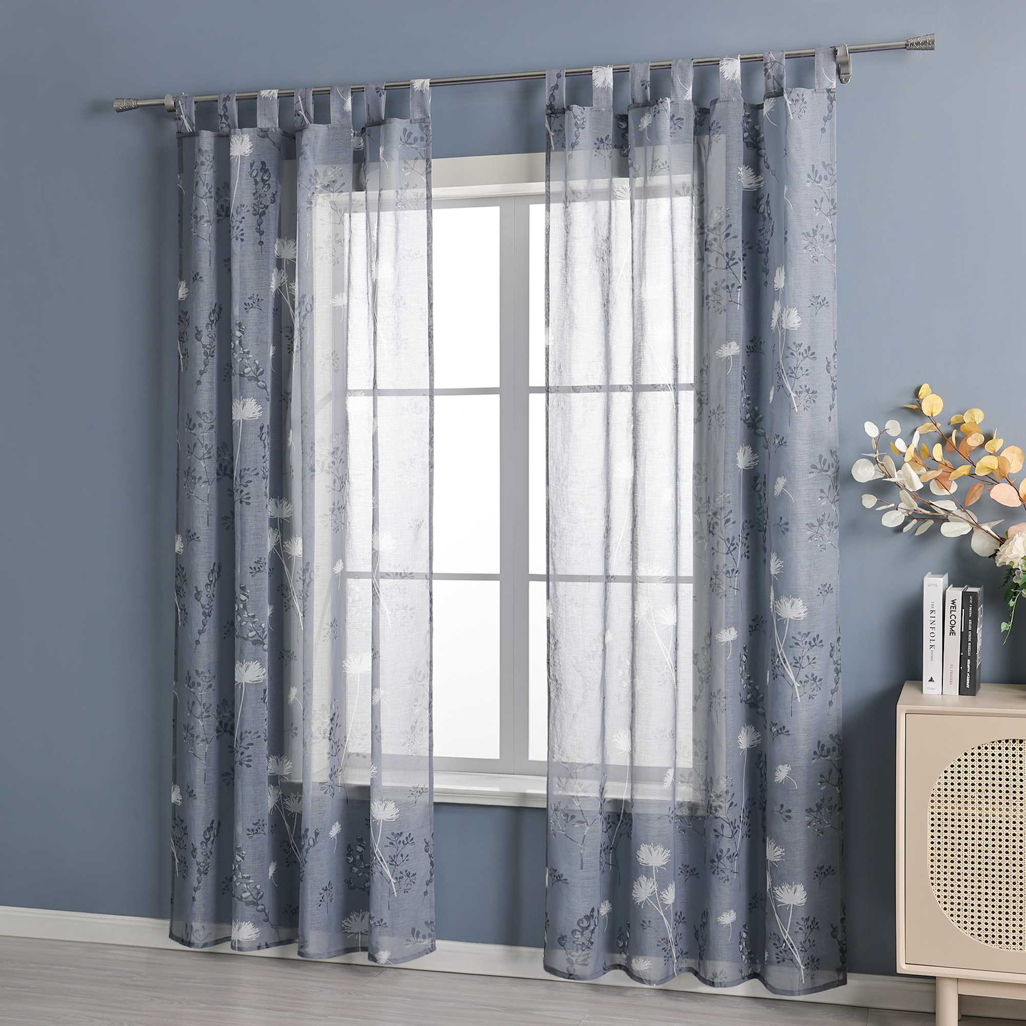 Curtain with Tab-Top Hanging and Botanical Patterns 1 Piece - Gray, H x W 175 x 140cm