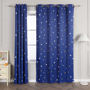 Blackout Grommet Curtain Opaque with Star Pattern Thermal - Blue, W x H 135 x 175cm