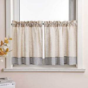 Cafe Curtain with Curtain Tape with Check Pattern in Linen-Look Fabric Set of 2 - Brown, H x W 90 x 60cm