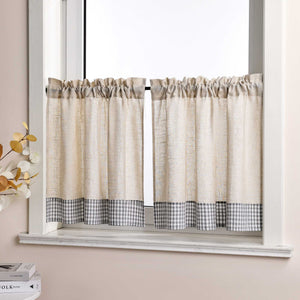 Cafe Curtain with Curtain Tape with Check Pattern in Linen-Look Fabric Set of 2 - Brown, H x W 90 x 90cm