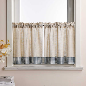 Cafe Curtain with Curtain Tape with Check Pattern in Linen-Look Fabric Set of 2
