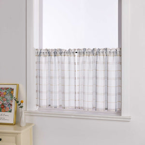 Cafe Curtain with Modern Check Pattern in Linen-Look Fabric Set of 2 - Green, H x W 120 x 125cm