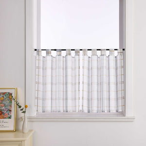 Cafe Curtains in Linen-Look Fabric with Check Pattern Set of 2 - Blue, H x W 90 x 90cm