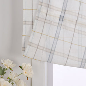Roman Shade with V-Shaped Tab Tops in Linen-Look Fabric with Check Pattern