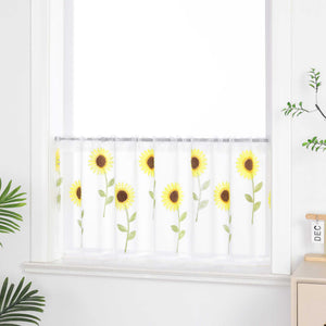 Cafe Curtain with Rod Pocket with Sunflower Embroidery - White, H x W 30 x 120cm