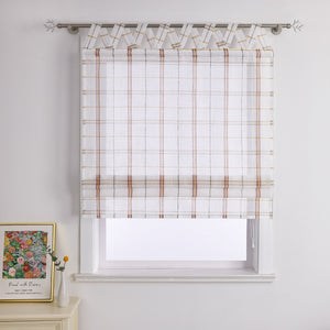 Roman Shade with V-Shaped Tab Tops in Linen-Look Fabric with Check Pattern - Red, W x H 60 x 140cm