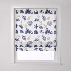 Roman Shade with U-Hooks with Sea-Life Pattern and Decorative Folds Semi-Sheer - Multicolor, W x H 60 x 140cm