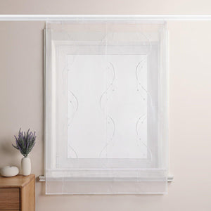Roman Shade with Hook-and-Loop Tape Voile with Wave-and-Bead Pattern Embroidery 1 Piece - Gray, W x H 100 x 140cm