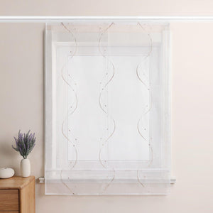 Roman Shade with Hook-and-Loop Tape Voile with Wave-and-Bead Pattern Embroidery 1 Piece - Taupe, W x H 120 x 140cm