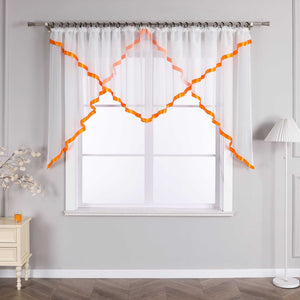 Cafe Curtain with Scalloped Edge, Satin Ribbon and Valance - Green, H x W 120 x 300cm