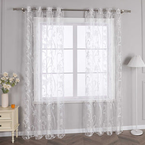 Curtain with Floral Pattern Semi-Sheer 1 Piece - Grommet Panel, White