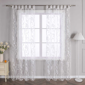 Curtain with Floral Pattern Semi-Sheer 1 Piece - Tab-Top Panel, White