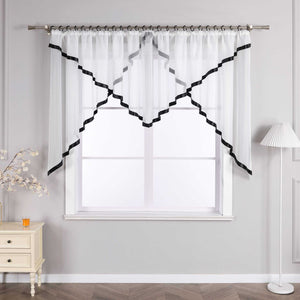 Cafe Curtain with Scalloped Edge, Satin Ribbon and Valance - Orange, H x W 120 x 600cm