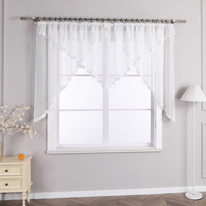 Cafe Curtain with Scalloped Edge, Satin Ribbon and Valance - White, H x W 145 x 300cm