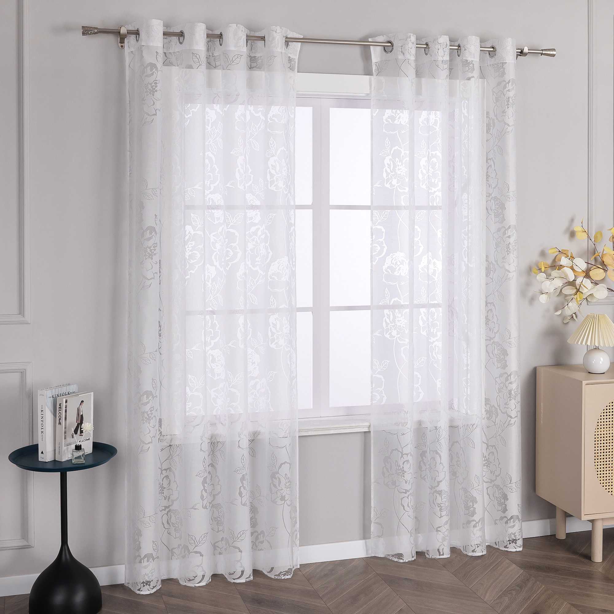 Curtain with Grommets with Rose Pattern Grommet Curtain Panel 1 Piece - White, W x H 140 x 175cm
