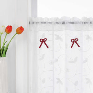 Cafe Curtain with Bows & Sheer Leaf Pattern - White, W x H 140 x 35cm