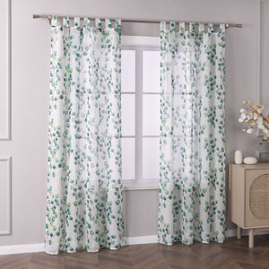 Tab-Top Curtain Sheer Airy Leaf Print 1 Piece - Green, H x W 175 x 140cm
