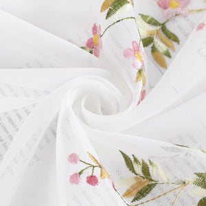 Cafe Curtain with Embroidered Flowers and Leaves