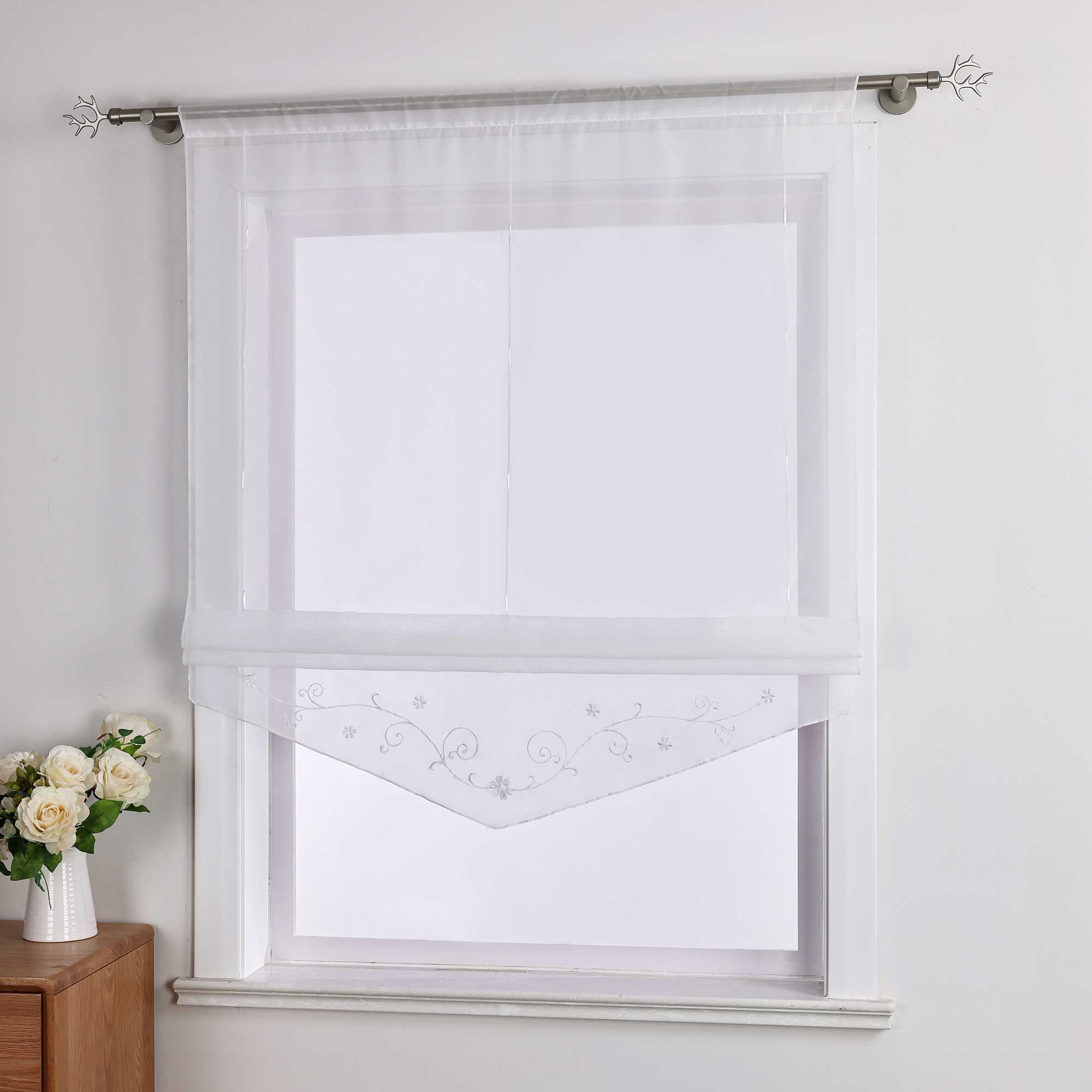 Roman Shade with Floral Pattern Modern Sheer 1 Piece - White, W x H 140 x 140cm
