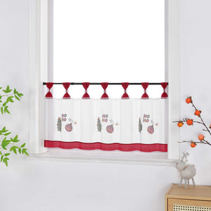 Cafe Curtain Christmas Sheer Polyester with Red Trim and Embroidery Fir Tree Christmas Ornaments - Red, W x H 90 x 45cm