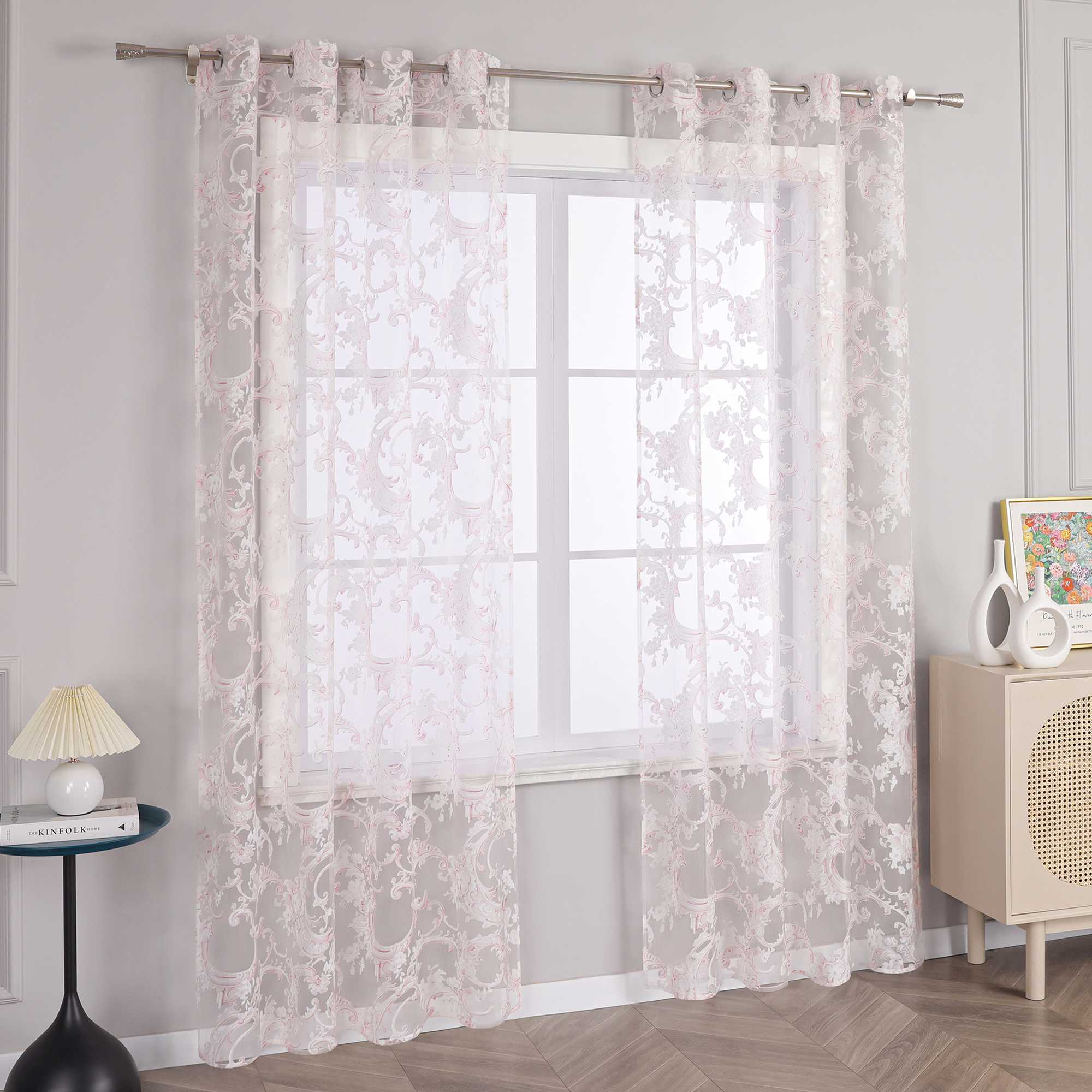 Elegant Curtain with Phoenix-Flower Pattern - Sheer Voile Grommet Curtain Panel - Pink, H x W 175 x 140cm