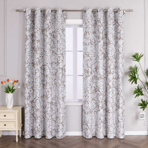 Blackout Grommet Curtain with Branch Print Thermal 1 Piece - White, H x W 145 x 140cm