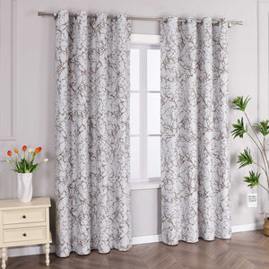 Blackout Grommet Curtain with Branch Print Thermal 1 Piece - White, H x W 175 x 140cm