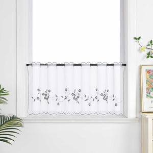 Cafe Curtain with Floral Embroidery - White, H x W 30 x 90cm