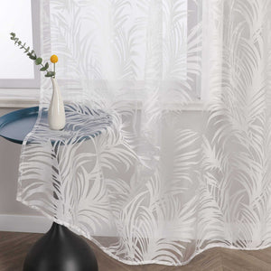 Curtain in Burnout Fabric with Leaves Pattern 1 Piece - Grommet Panel, White