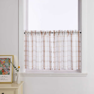 Cafe Curtain with Modern Check Pattern in Linen-Look Fabric Set of 2 - Red, H x W 45 x 90cm