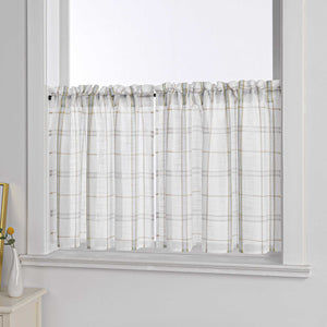 Cafe Curtain with Modern Check Pattern in Linen-Look Fabric Set of 2 - Blue, H x W 90 x 110cm