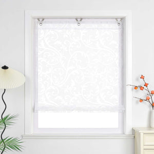 Roman Shade with V-Shaped Tabs Sheer Burnout Technique Floral Pattern 1 Piece - White, W x H 45 x 130cm