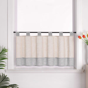 Cafe Curtain with Tab-Top Hanging/ Checked in Linen-Look Fabric - Gray, H x W 45 x 90cm
