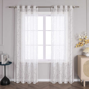Curtain with Floral Pattern Light-Filtering White 1 Piece - Tab-Top Panel, White