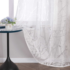 Curtain with Floral Pattern Light-Filtering White 1 Piece - Tab-Top Panel, White