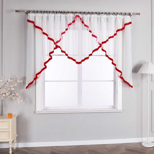 Cafe Curtain with Scalloped Edge, Satin Ribbon and Valance - Red, H x W 120 x 450cm