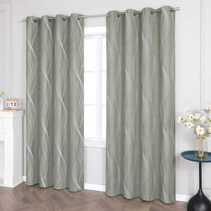 Blackout Grommet Curtain Opaque Thermal with Water-Wave Pattern 1 Piece - Green, H x W 175 x 135cm