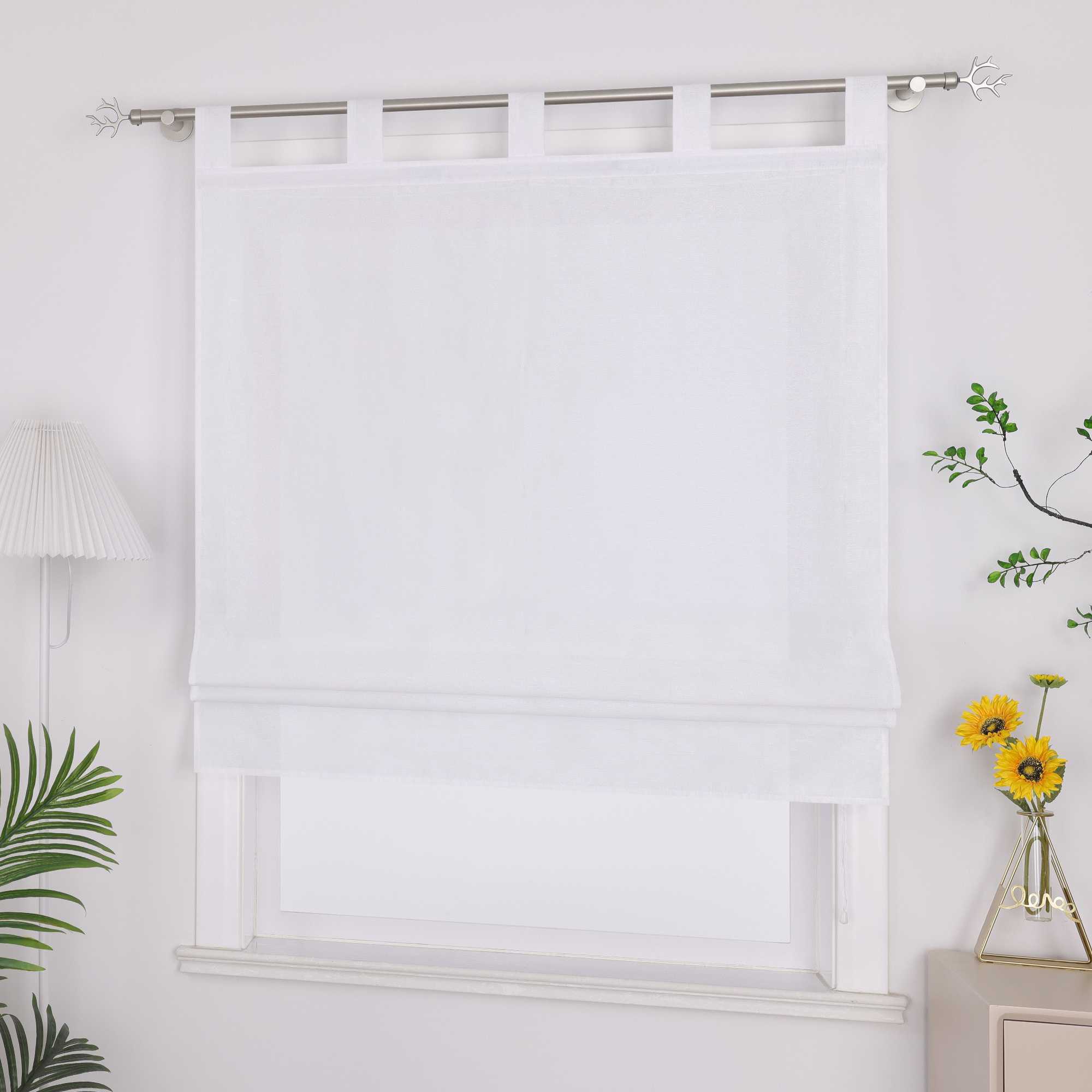 Roman Shade with Tab-Top Hanging Kitchen Curtains 1 Piece - White, W x H 140 x 140cm