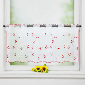 Cafe Curtain Voile with Leaf Embroidery - Red, H x W 30 x 90cm