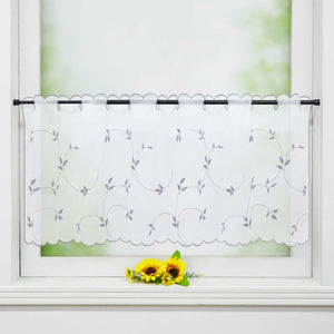 Cafe Curtain Voile with Leaf Embroidery - White, H x W 30 x 90cm