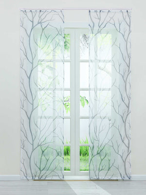 Tab-Top Curtain Panel with Branch Pattern Light-Filtering Set of 2 - White, H x W 145 x 57 cm