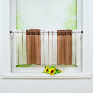 Cafe Curtain Gatherable White Stripe Pattern Semi-Sheer 1 Piece - Brown, W x H 90 x 45cm